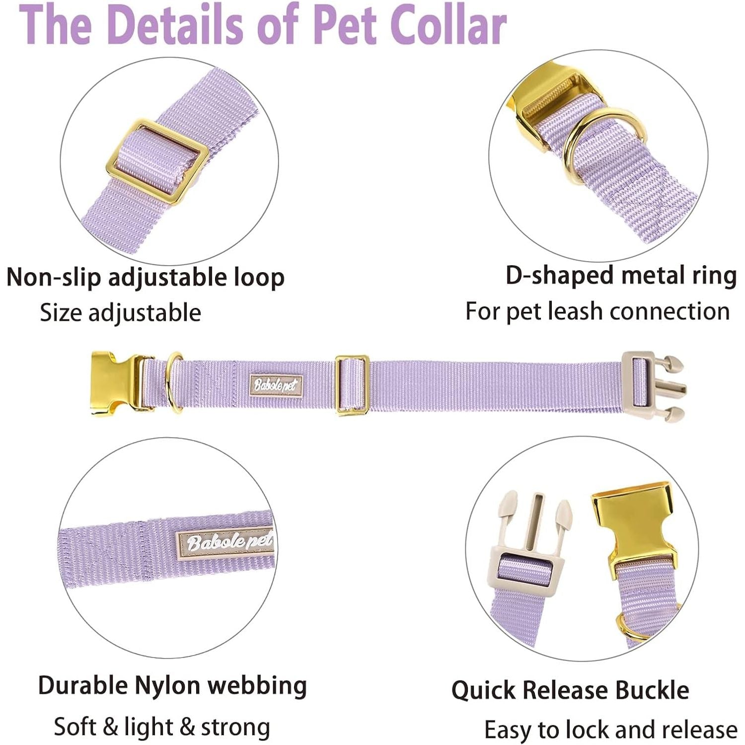 Nylon Dog Collar - Adjustable Lavender Soft Webbing Dog Collars for Small Medium Large Dogs Boy Girl Puppy Collar with Safety Metal Buckle S