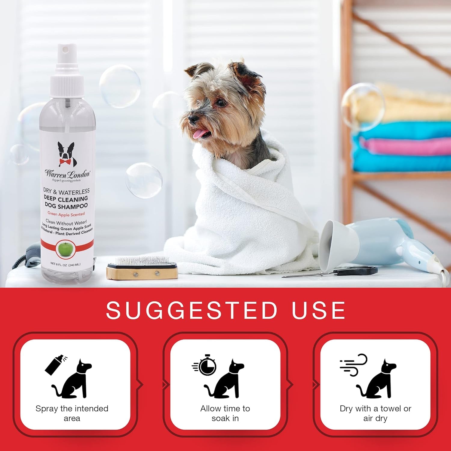 Dry & Waterless Shampoo for Dogs & Pets | No Rinse Dog Shampoo for Smelly Dogs | Waterless Shampoo Spray for Dogs | Made in USA | Green Apple Scent 8Oz