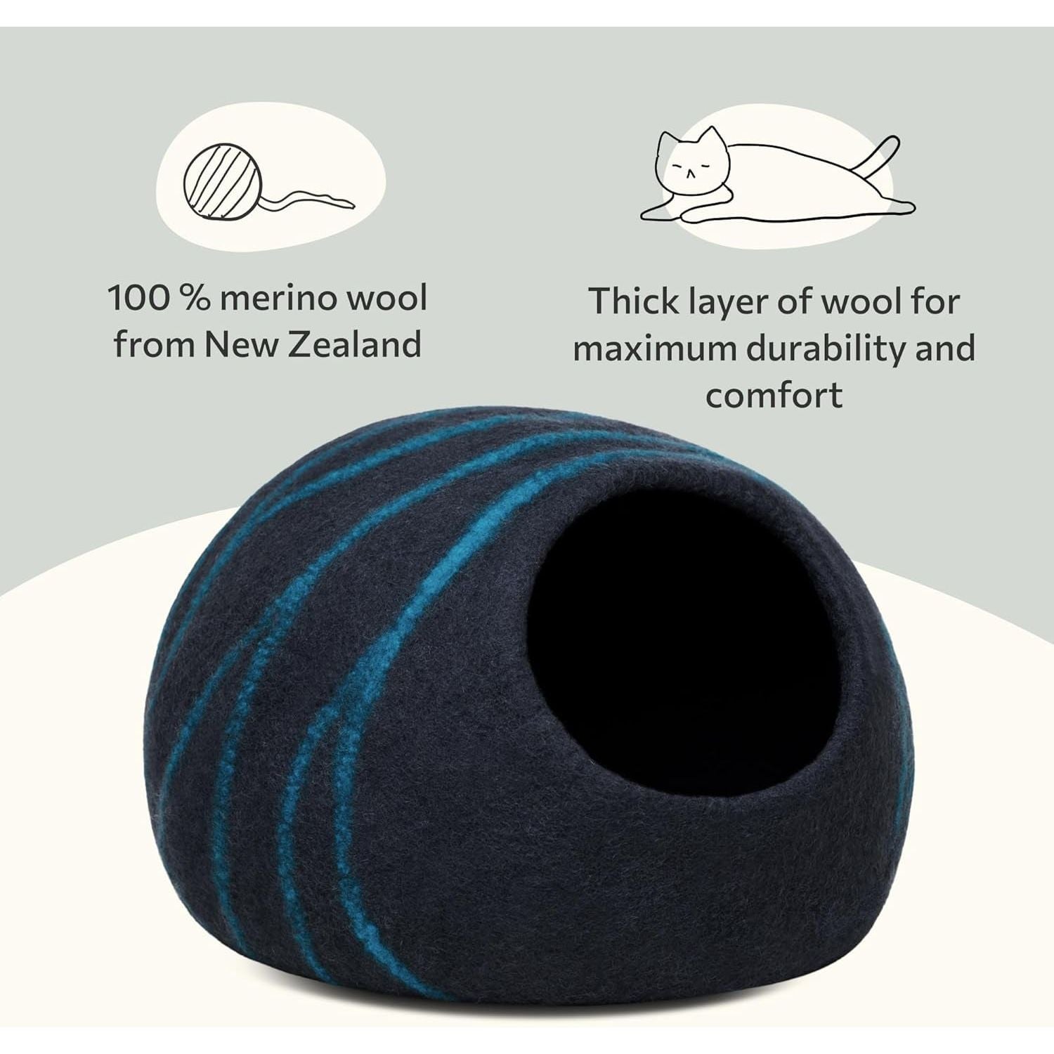 Cat Cave – Premium Felt Cat Bed for Indoor Cats, Handmade 100% Merino Wool (Dark Shades) (Large, Black Aqua)