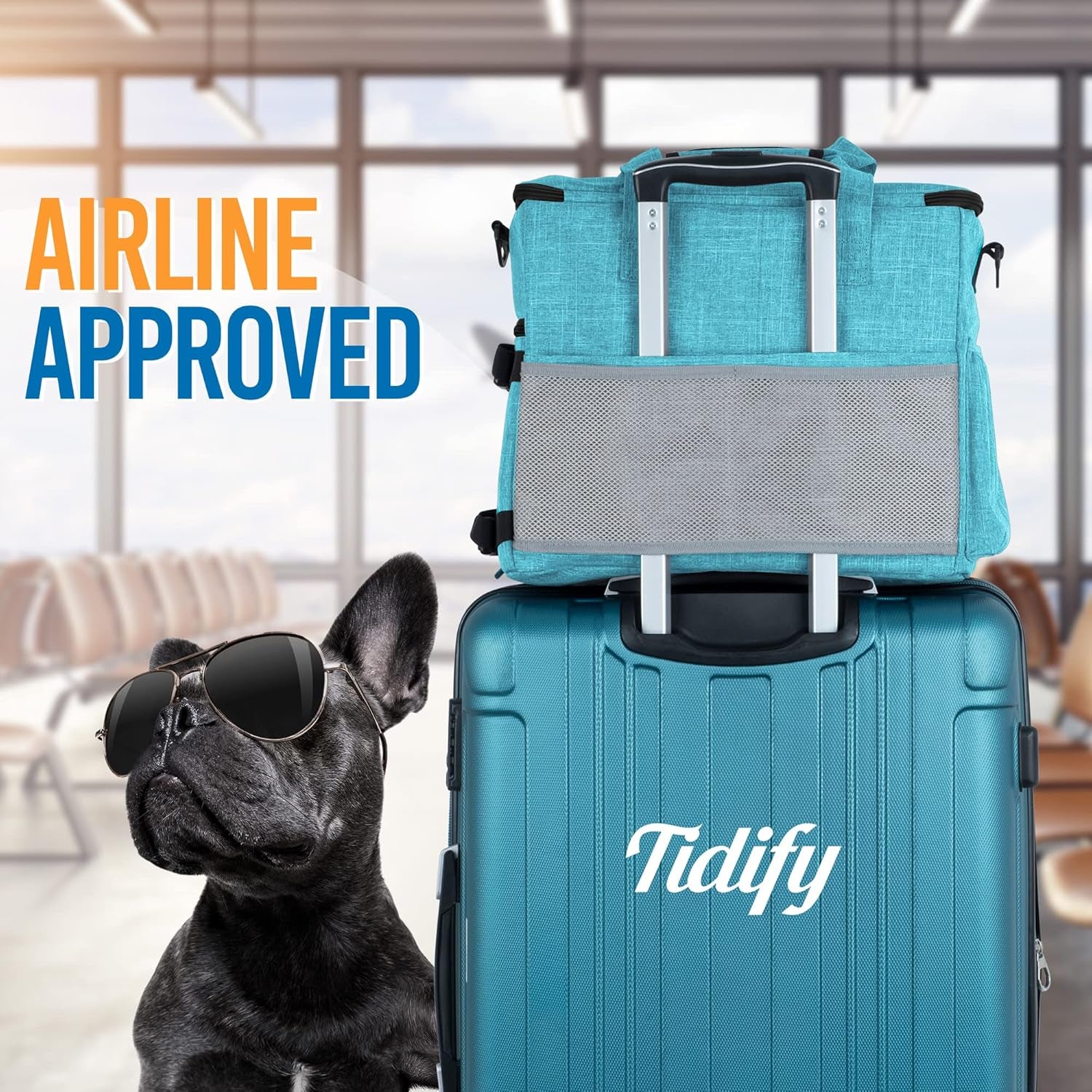 Dog Travel Bag Airline Approved Travel Set for Dog and Cat Tote Organizer with Multi Function Pockets, 2 Food Containers and Collapsible Bowls, Weekend Away Dog Bag for Travel Accessories - Blue