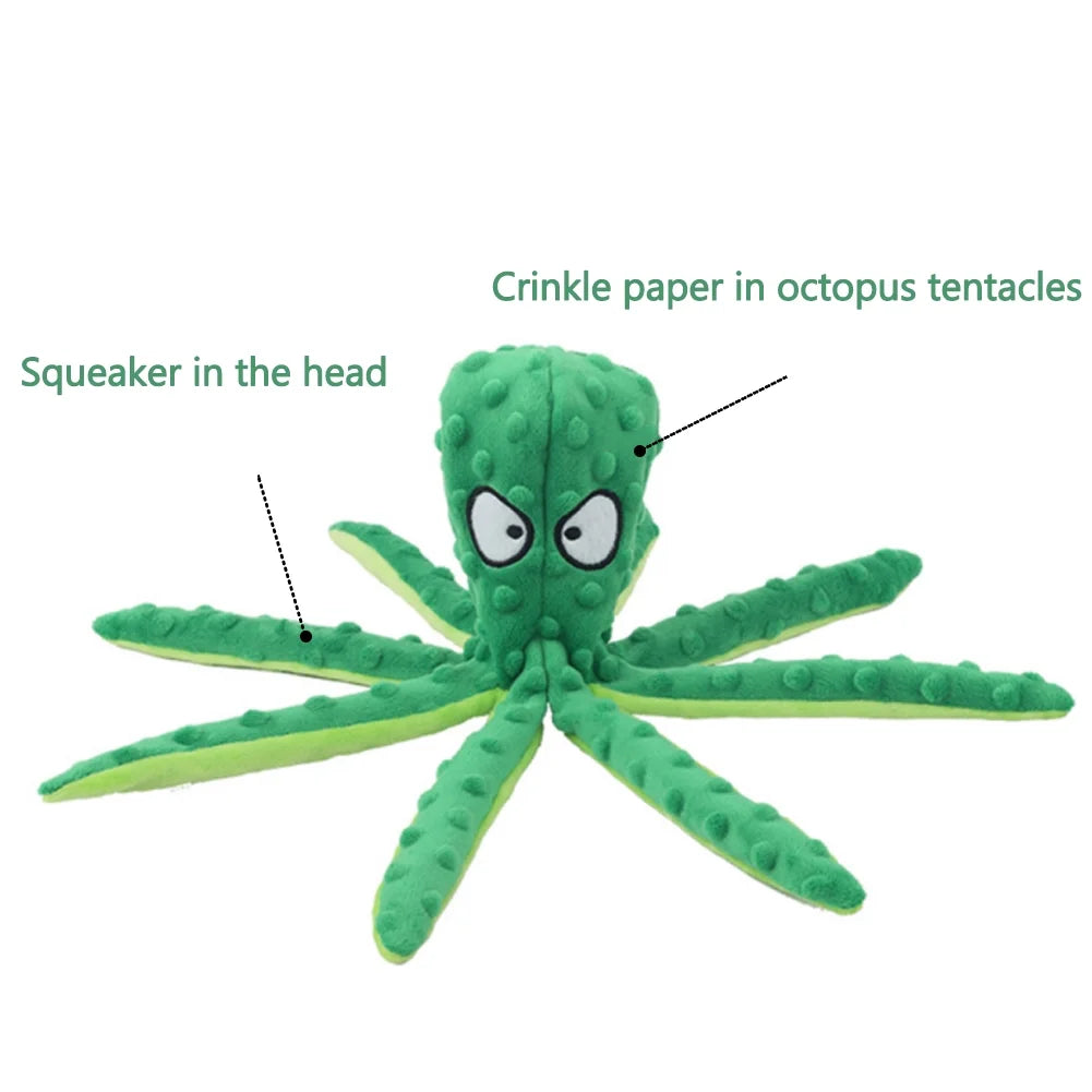 Octopus Squeaky & Plush Dog Toy with Sound and Paper Filling, Green