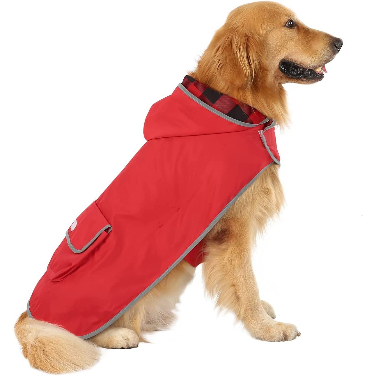 Reversible Dog Raincoat Hooded Slicker Poncho Rain Coat Jacket for Small Medium Large Dogs Buffalo Plaid Red - L