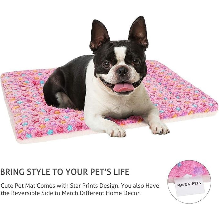 Dog Bed Crate Pad Ultra Soft Pet Bed with Cute Star Print Washable Crate Mat for Large Medium Small Dogs Reversible Fleece Dog Crate Kennel Mat Cat Bed Liner 29 X 21 Inch Pink
