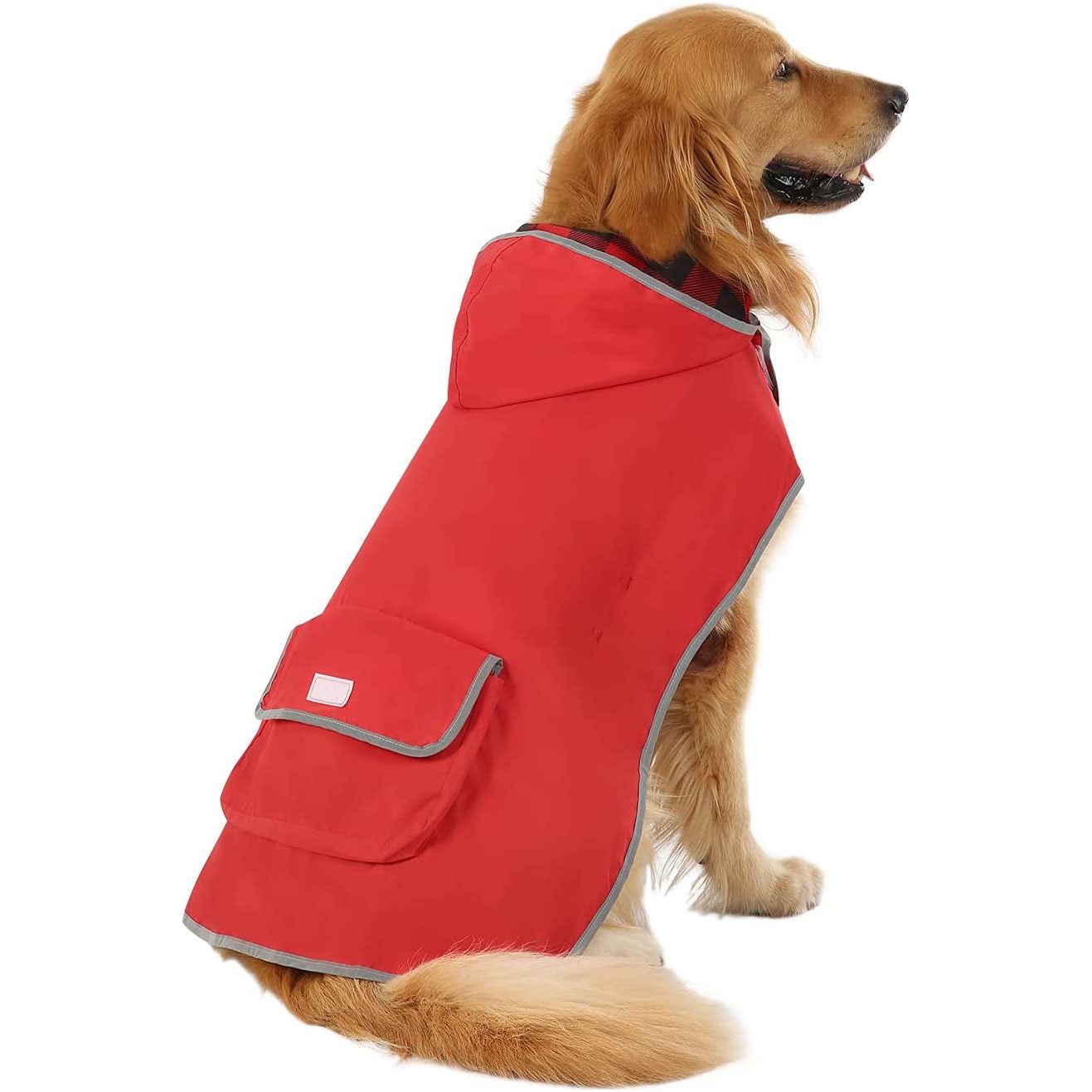 Reversible Dog Raincoat Hooded Slicker Poncho Rain Coat Jacket for Small Medium Large Dogs Buffalo Plaid Red - L