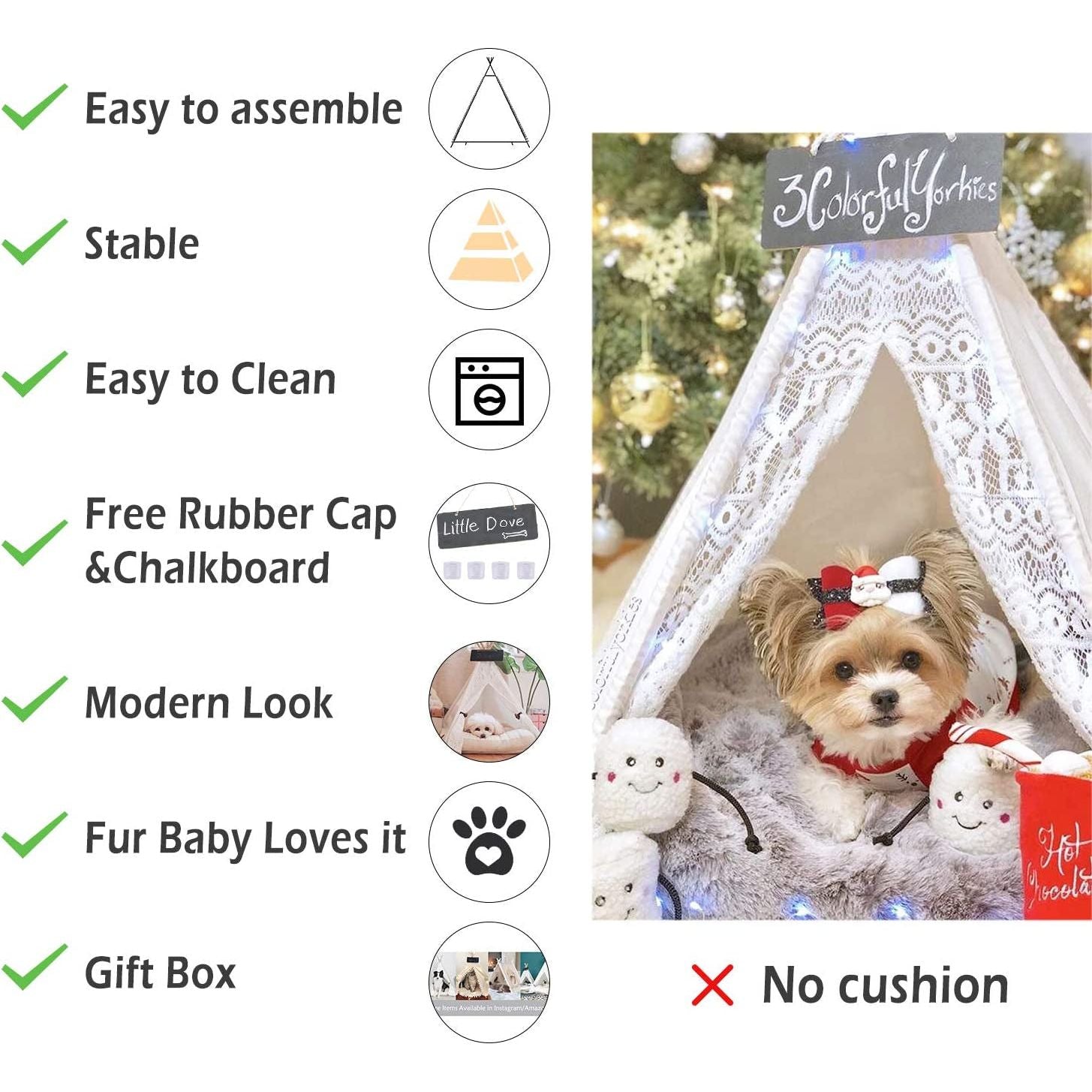 Pet Teepee Dog(Puppy) & Cat Bed - Portable Pet Tents & Houses for Dog(Puppy) & Cat Lace Style 24 Inch No Cushion