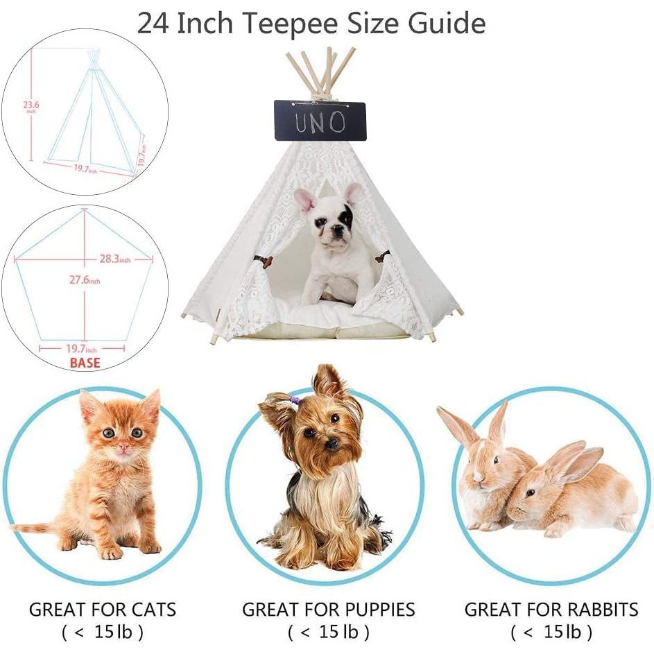 Pet Teepee Dog(Puppy) & Cat Bed - Portable Pet Tents & Houses for Dog(Puppy) & Cat Lace Style 24 Inch No Cushion