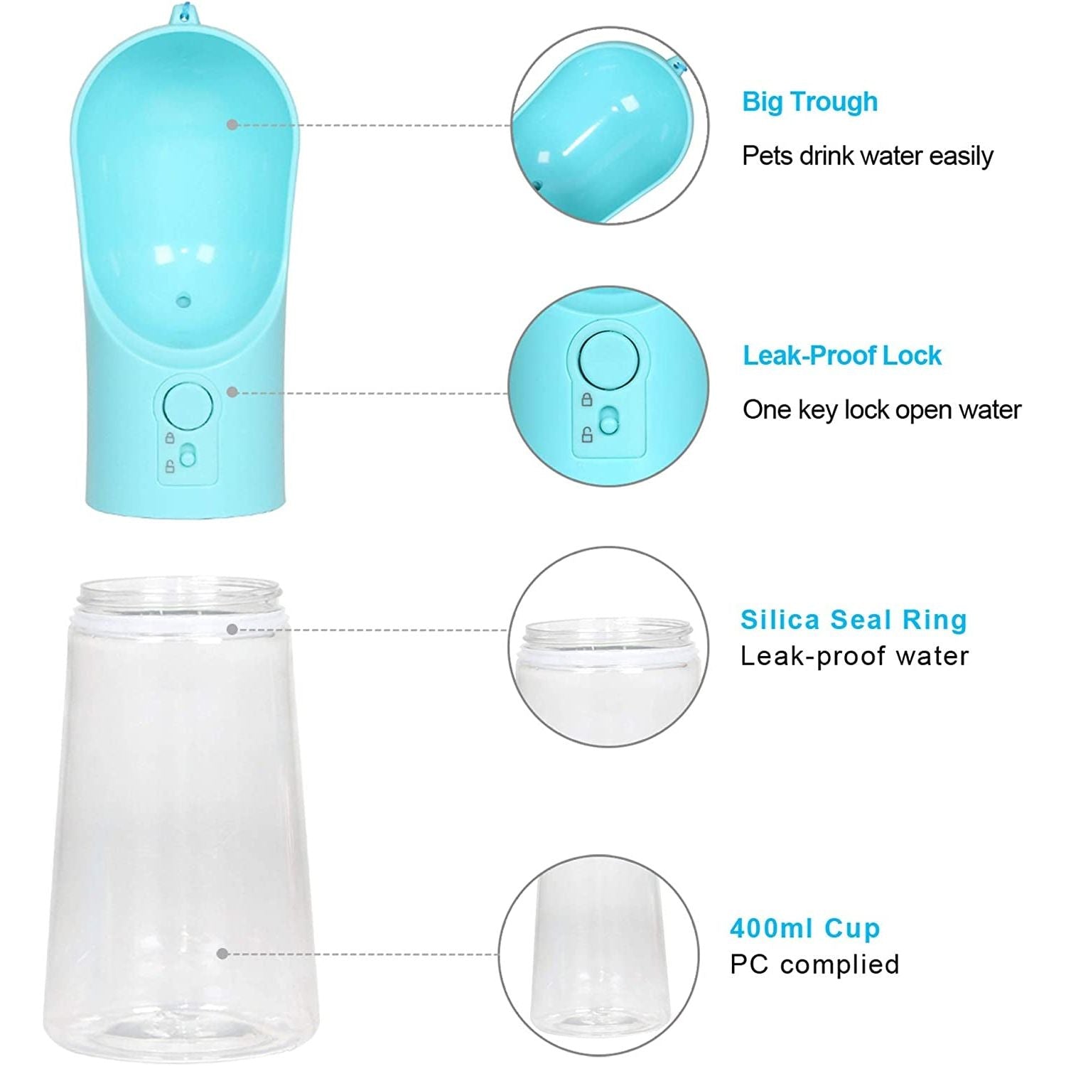 Dog Water Bottle Portable Pet Water Bottle Leak Proof Dog Water Dispenser, Lightweight Dog Travel Water Bottle Bowl for Walking 400Ml (Blue)
