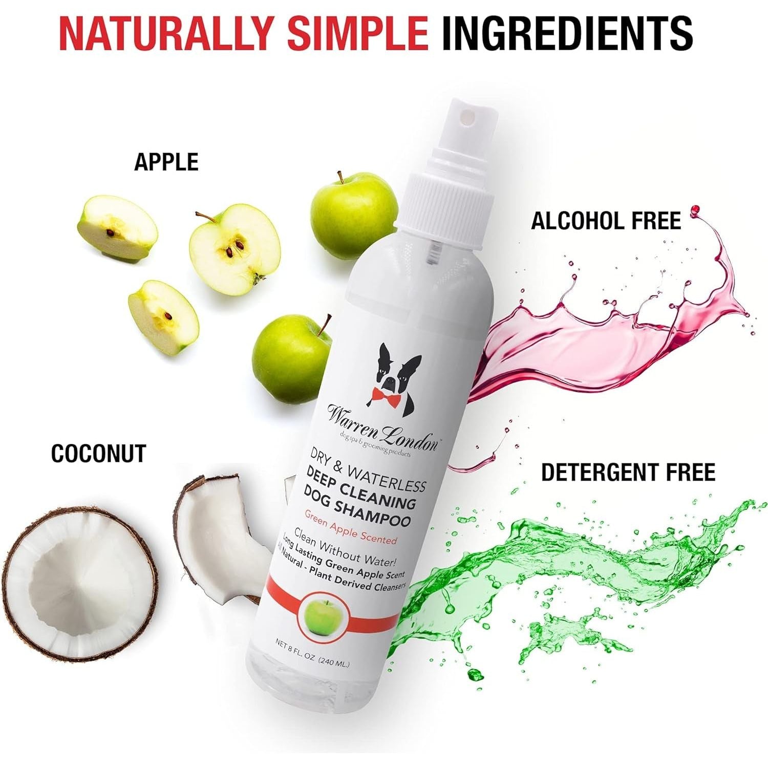 Dry & Waterless Shampoo for Dogs & Pets | No Rinse Dog Shampoo for Smelly Dogs | Waterless Shampoo Spray for Dogs | Made in USA | Green Apple Scent 8Oz